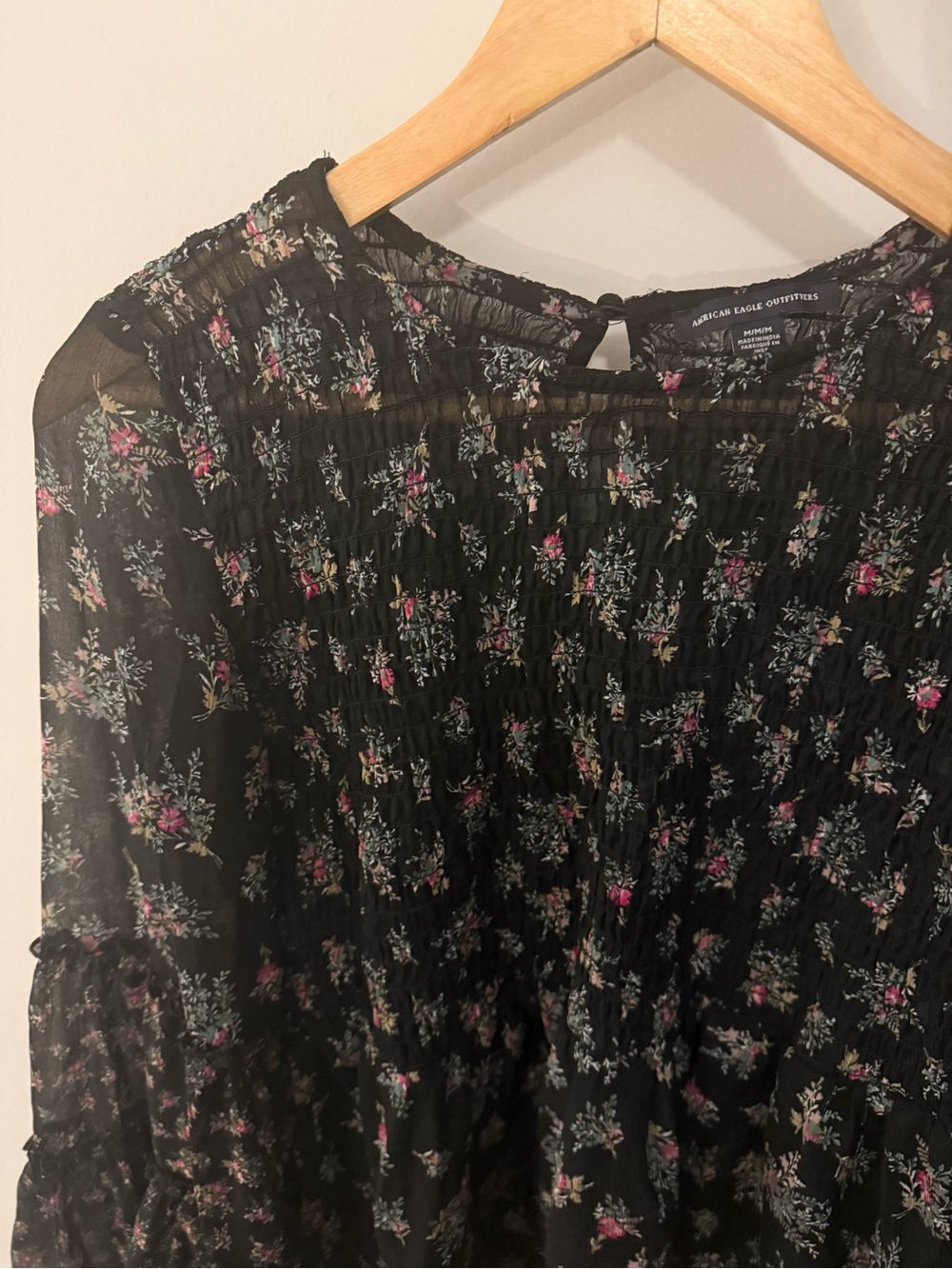 American Eagle Outfitters Black Floral Smocked Sheer Peasant Top